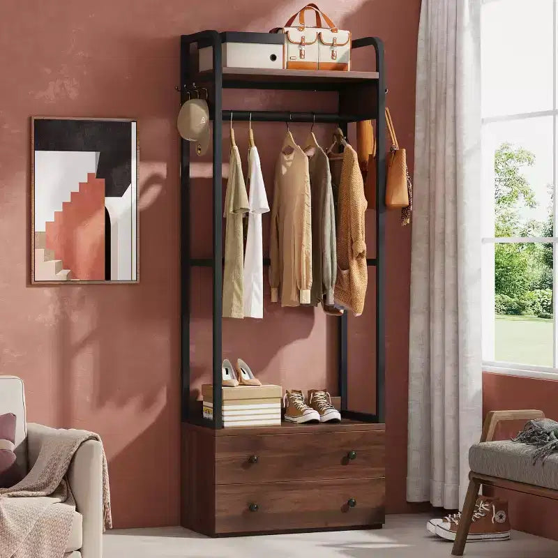 Lantine Freestanding Closet Organizer, Small Clothes Rack with Drawers and Shelves, Heavy Duty Garment Rack for Hallway, Entryway, Bedroom