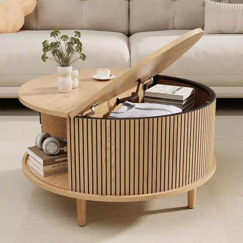 Table Basse Ronde avec Rangement NAYSAYE, Table Centrale Cannelée de 80 cm pour Salon, Table d'Appoint Circulaire Moderne en Noyer pour Petit Espace
