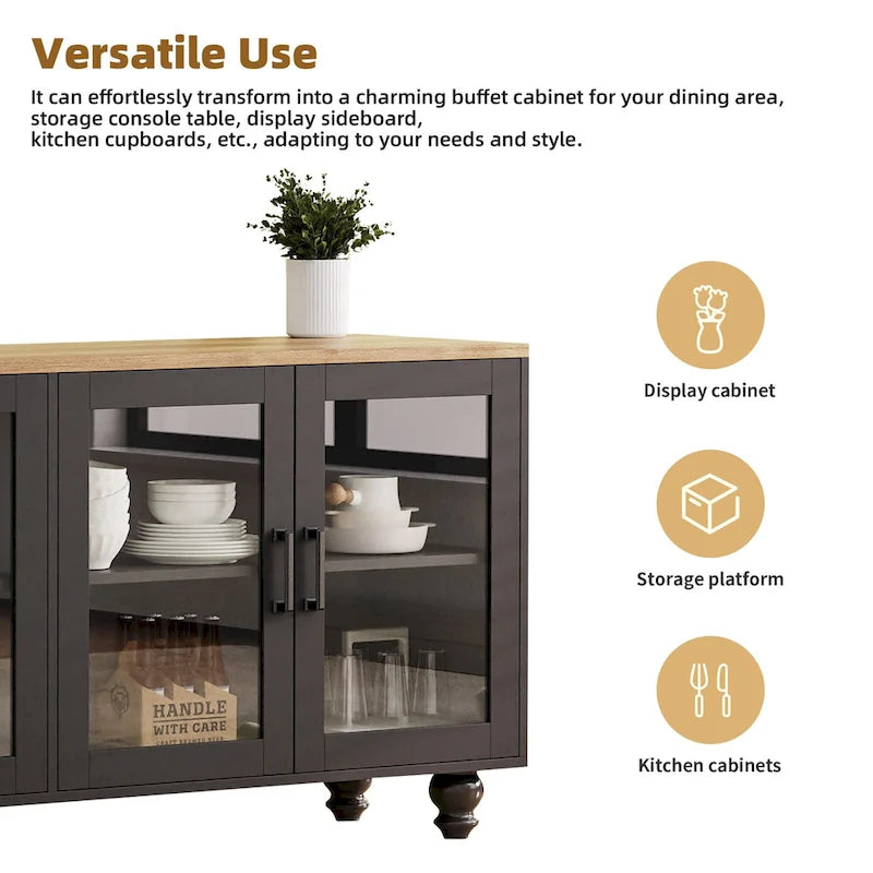 Black + Dark Walnut Farmhouse TV Entertainment Center with Bookshelves & Tempered Glass Doors for TVs Up to 70