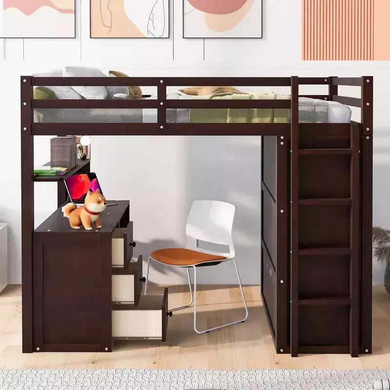 CLIHOME Full size Loft Bed with 3 Storage Drawers, Desk and Wardrobe