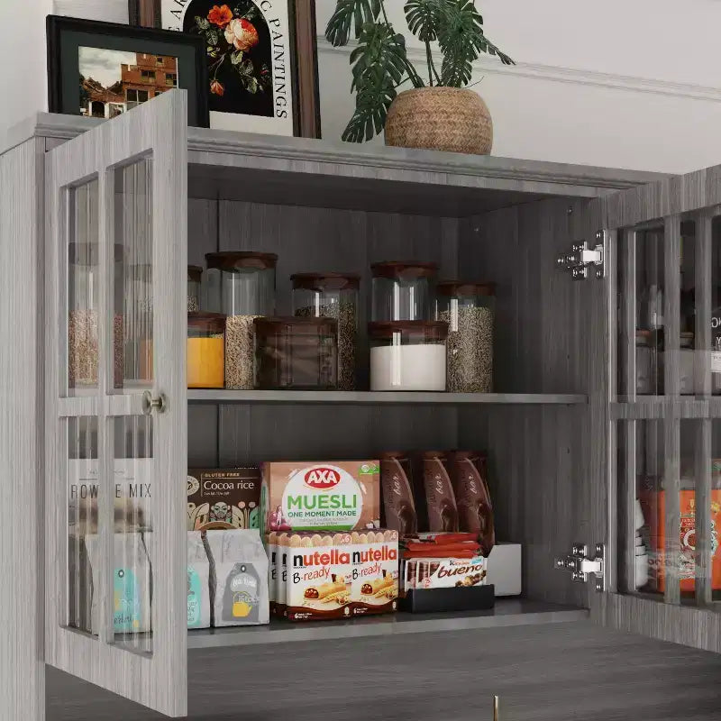 Famapy 61.2W Gray Storage Cabinet Buffet Hutch Kitchen Pantry Cabinet with Ornate Base Trim: Blend of Elegance and Utility