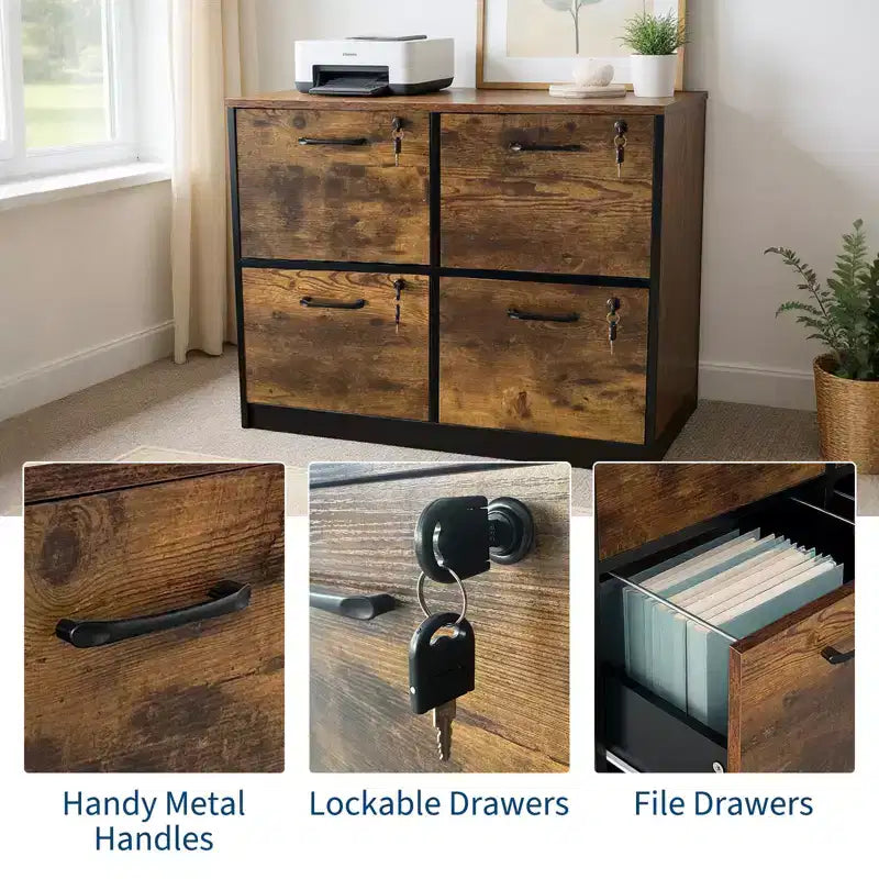 4 Drawer File Cabinet with Lock, Printer Stand, Wood Filing Cabinets for Home Office, Storage Organizer with Adjustable Hanging Rail