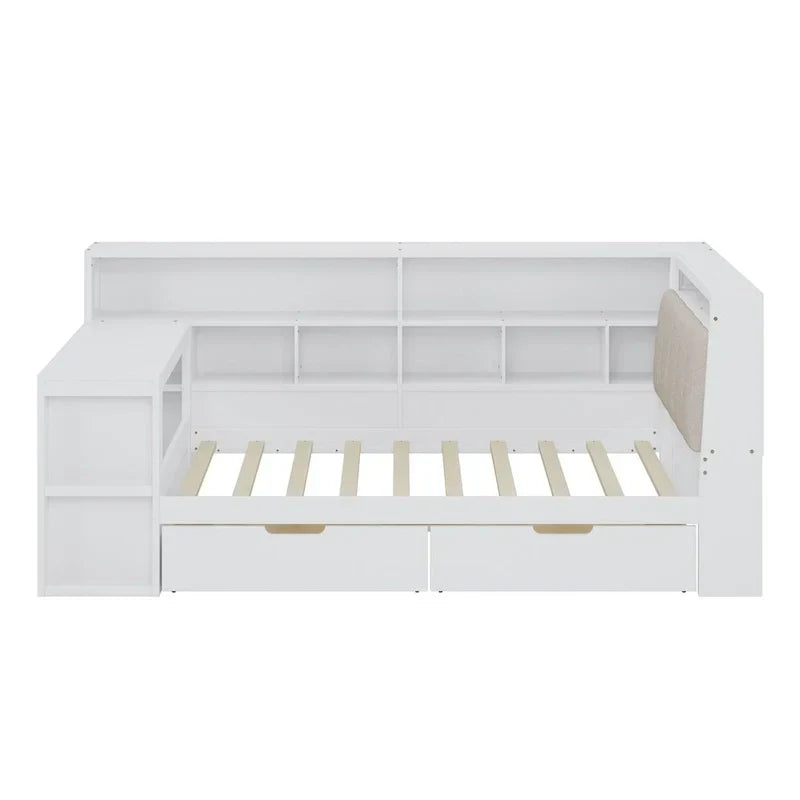 L-shaped Wooden Sofa Daybed with Desk, Bookcase Cabinet, Corner Bed with Under-bed Drawers, Upholstered Headboard Built-in Light