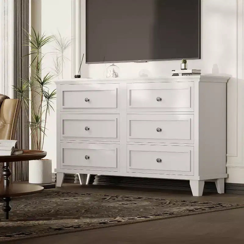 Dresser for Bedroom, 6 Drawer Wide Dresser Storage Organizer, Modern Wooden Chest of Drawers with Metal Handles for Hallway, Entryway, Home Office