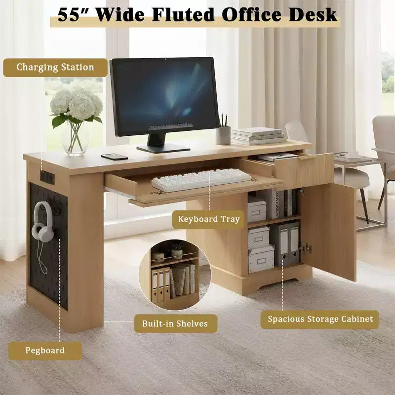 Bureau de direction moderne Haoran 55 de GDFStudio, à façade rainurée, avec prise électrique, tablette pour clavier, porte et tiroirs