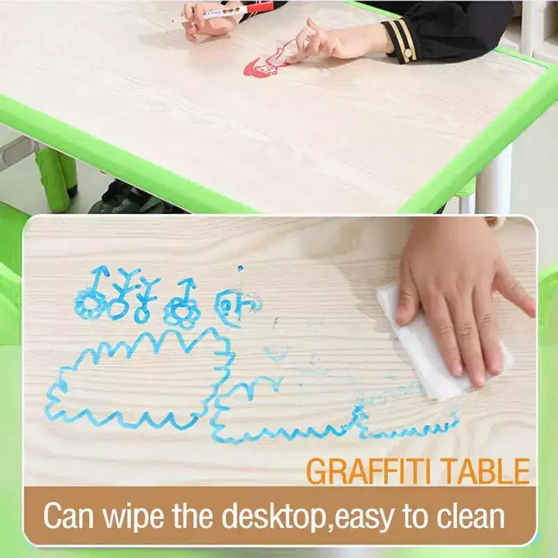 Kids Table and 6 Chairs Set, Height Adjustable Toddler Table and 6 Chair Set for Ages 2-10 for for Crafts and Study, Graffiti Desktop, Non-Slip Legs