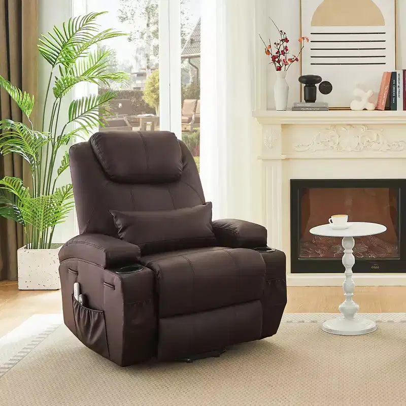 Bestier 34.6 Electric Power Lift Asist Recliner Chair with Massage and Heat, Fax Leather Reclining Chair with Side Pockets & Cup Holders