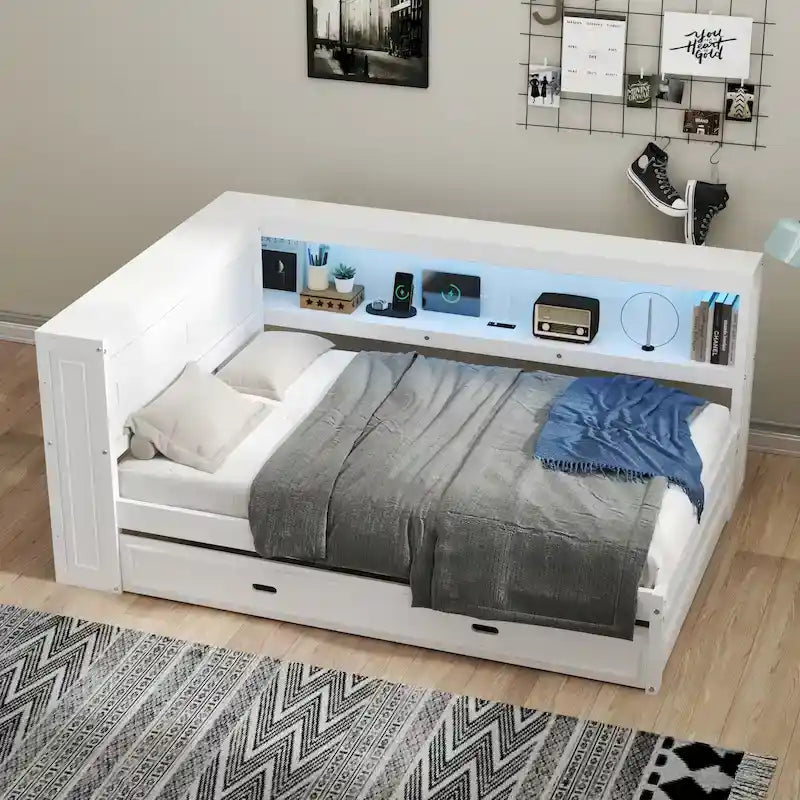 Lit de repos double avec étagères, chargement USB, lumières LED et lit gigogne simple