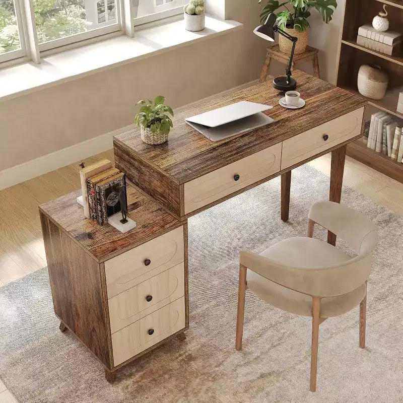 Lantine 39-Inch Writing Desk with 5 Drawers & Retractable Cabinet, Small Expandable Computer and Vanity Table for Small Spaces, Brown