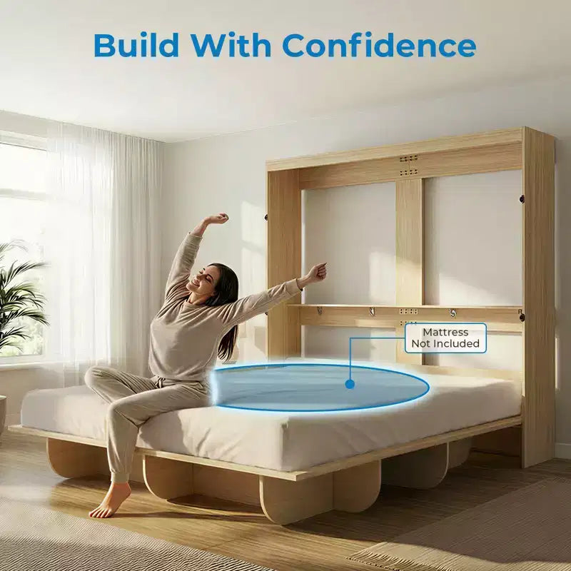 Lit escamotable 2-en-1 invisible Murphy avec étagères de rangement, Grand lit (Queen), Bois naturel (Matelas non inclus)
