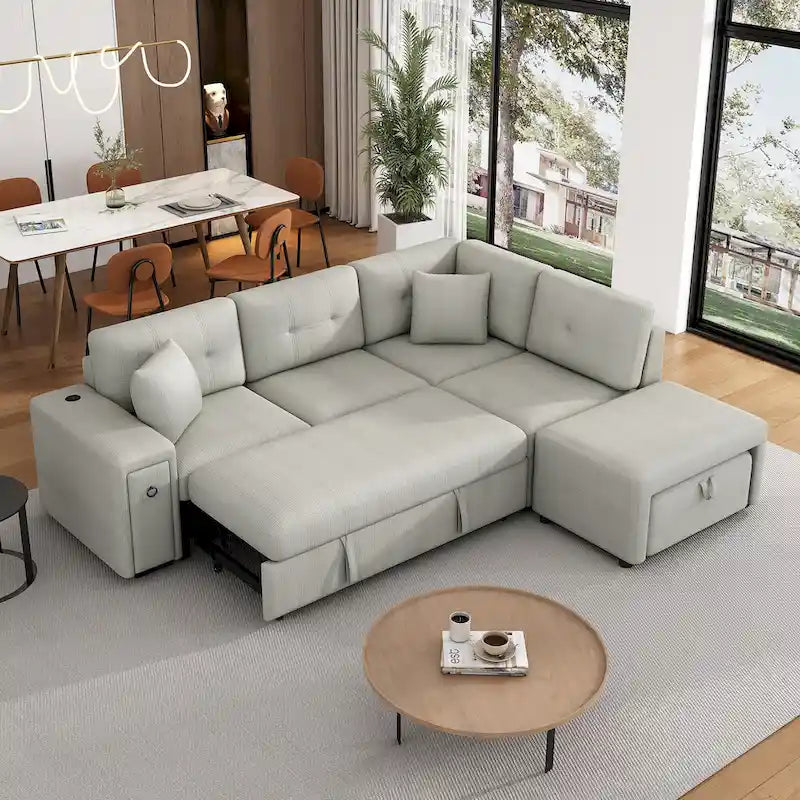 Canapé d'angle 4 places avec lit gigogne, pouf, ports USB et tablette rabattable
