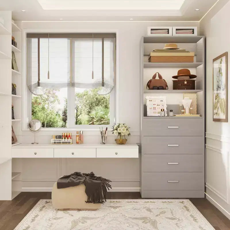 Closet Organizer System with Wood Drawers and Shelves