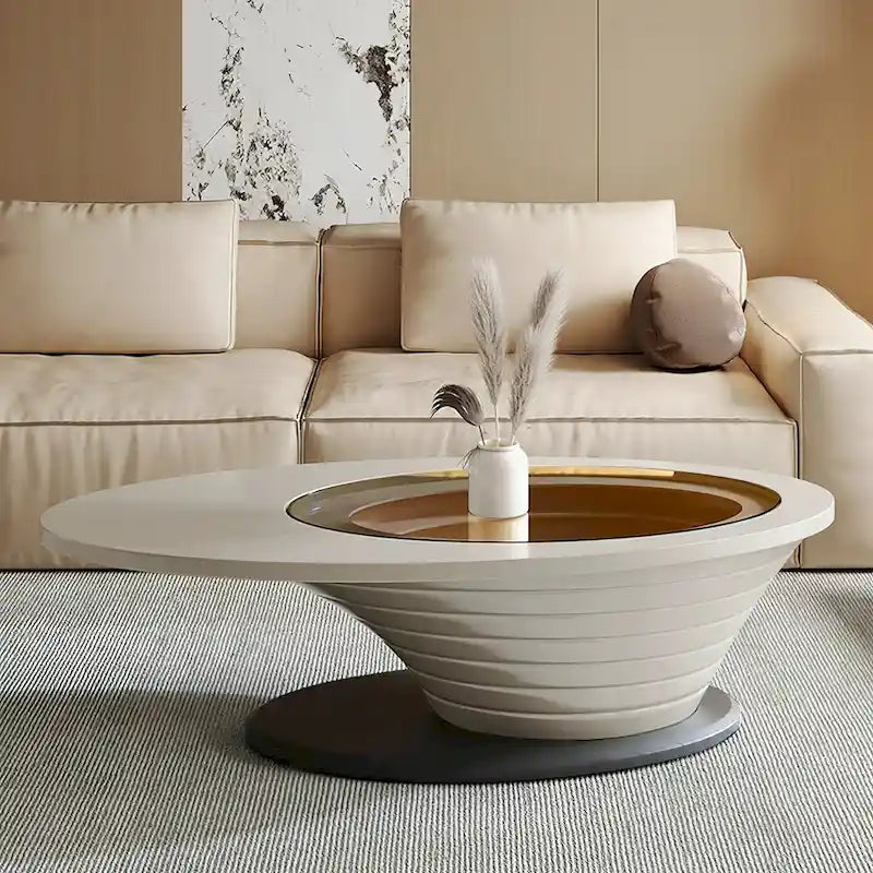 Table basse ovale en verre, style moderne et minimaliste, base grise, 130 cm - L 130 cm l 65 cm H 36,5 cm