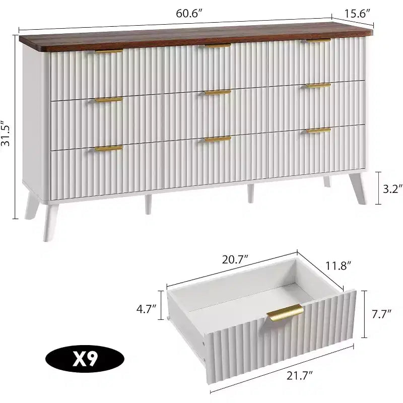 Fluted 9-Drawer Dresser, 60.6 Wide Wood Chest of Drawers with Deep Storage, for Bedroom, Living Room, or Hallway Use
