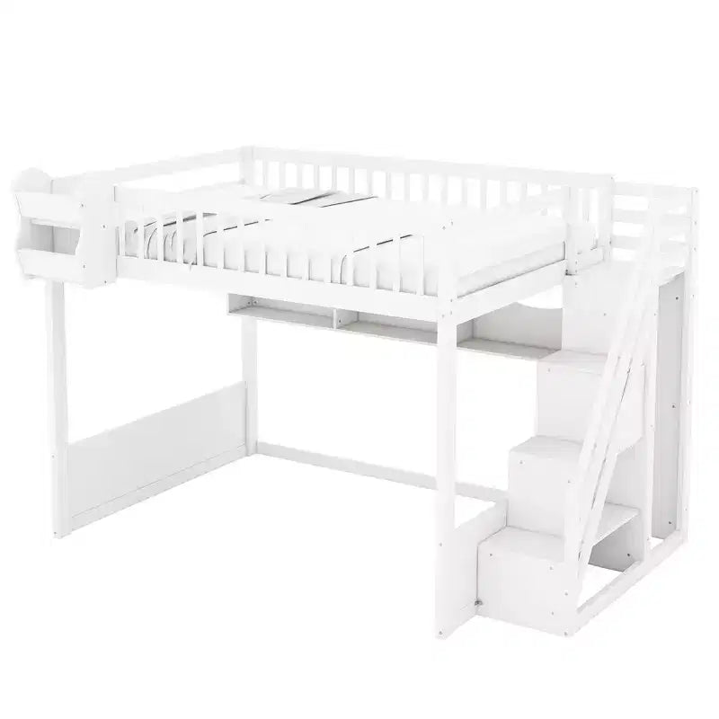 Queen Loft Bed Frame with Staircase, Wardrobe & Storage Shelves - MDF, 650 lb