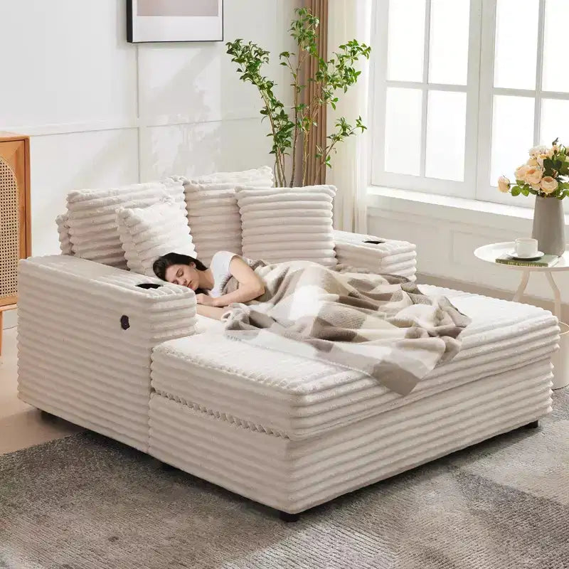 Corduroy 3-Seat Lounge Sofa with Cup Holders & Charging Ports