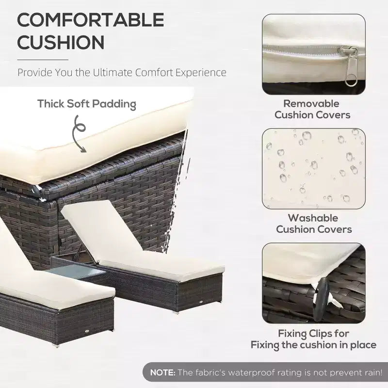 Chaise Lounge Chair Set of 2 with 5 Angle Backrest, Outdoor Coffee Table, Water Repellent Cushions, PE Rattan Wicker Poolside Chairs