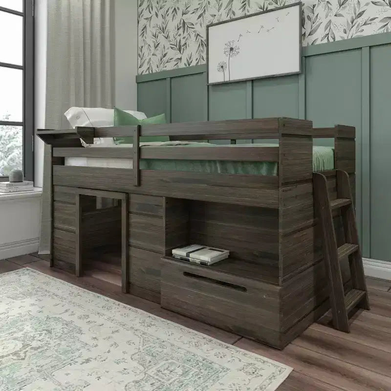 Max & Lily Modern Farmhouse Low Loft Bed with Storage Drawer, Solid Wood Bed for Kids