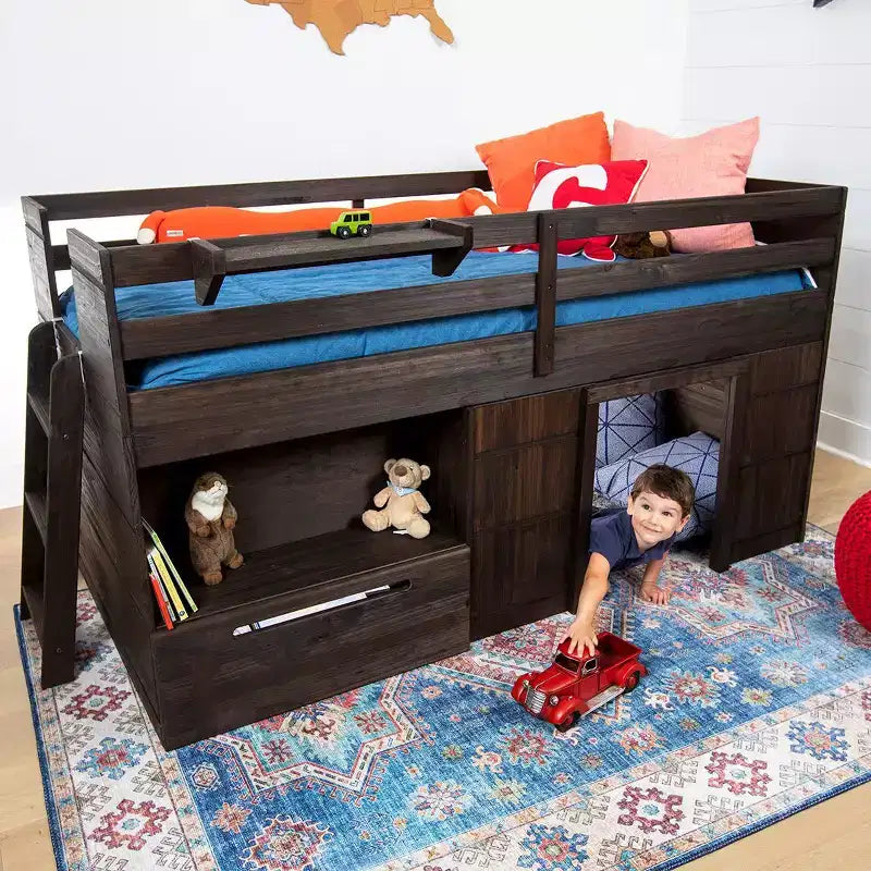 Max & Lily Modern Farmhouse Low Loft Bed with Storage Drawer, Solid Wood Bed for Kids