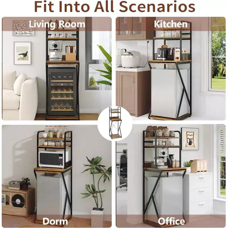 Mini Fridge Stand with Storage Shelf, Free-Standing Wooden Coffee Bar Cabinet with Power Outlet, Utility Microwave Stand, Coffee Bar Organizer