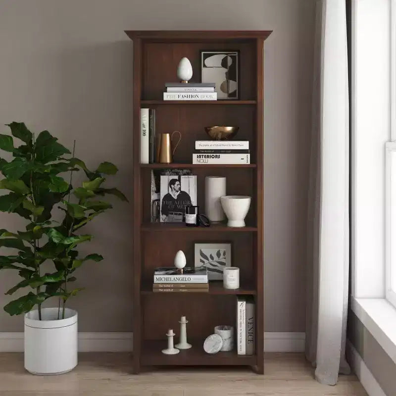 70 Five-Shelf Solid Wood Bookcase - Lacquered Pine, 4 Adjustable Shelves