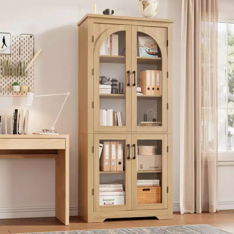 70 Tall Kitchen Pantry Cabinet, Modern Display Cabinet with 4 Arched Glass Doors and Adjustable Shelves, for Kitchen, Living Room, Dining, Bathroom