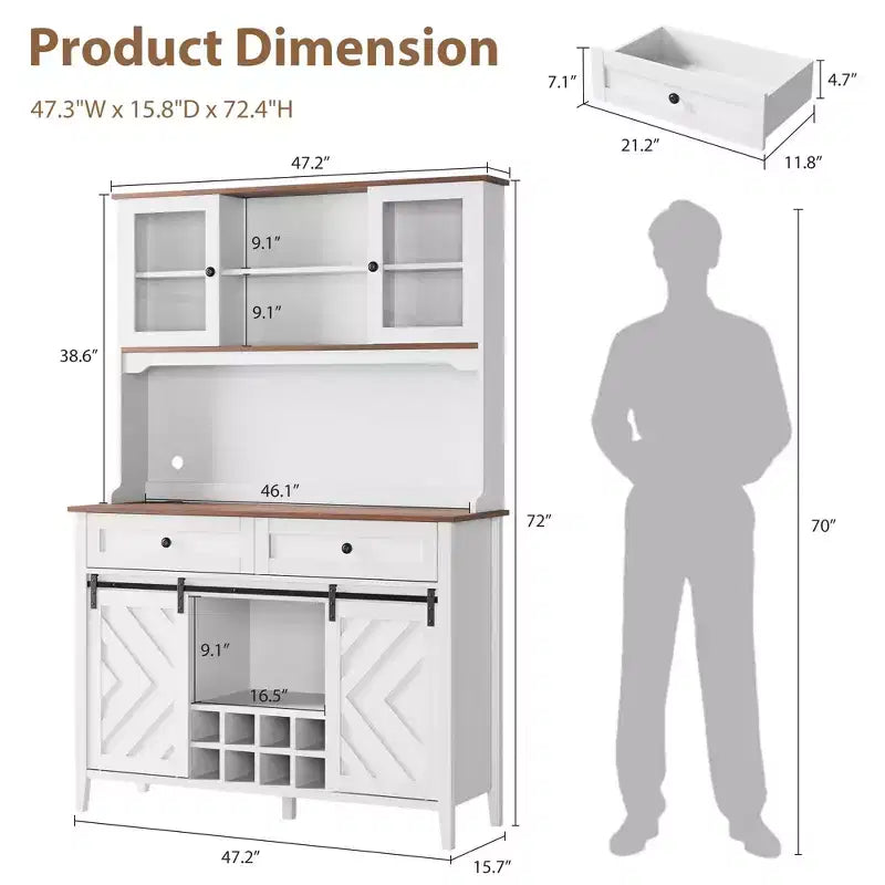 72 Farmhouse Bar Cabinet with Sliding Barn Door  Large Kitchen Buffet with Hutch, Charging Station, 2 Drawers & 8 Storage Shelves  Coffee