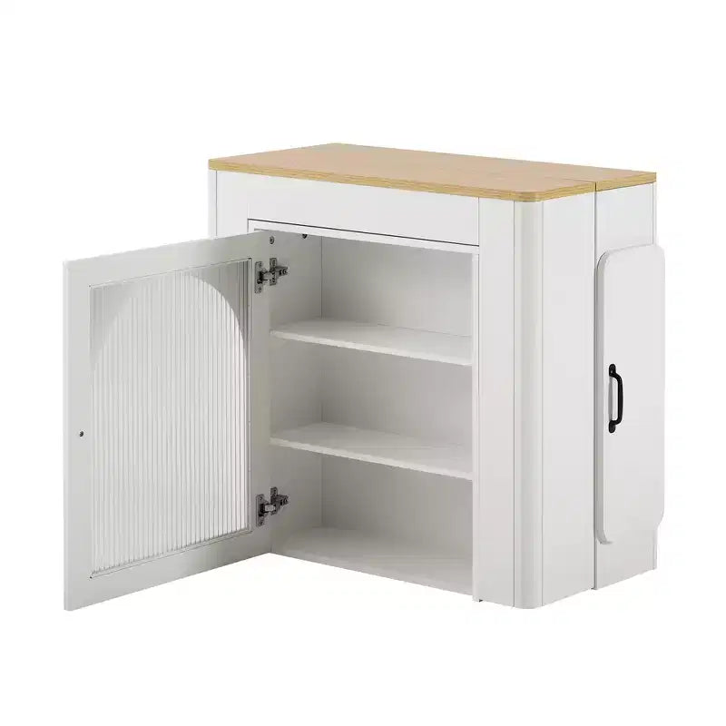 Whisen Extendable Dining Table, Mobile Rolling Island Table with 3 Removable Middle Leaves, Storage Cabinet