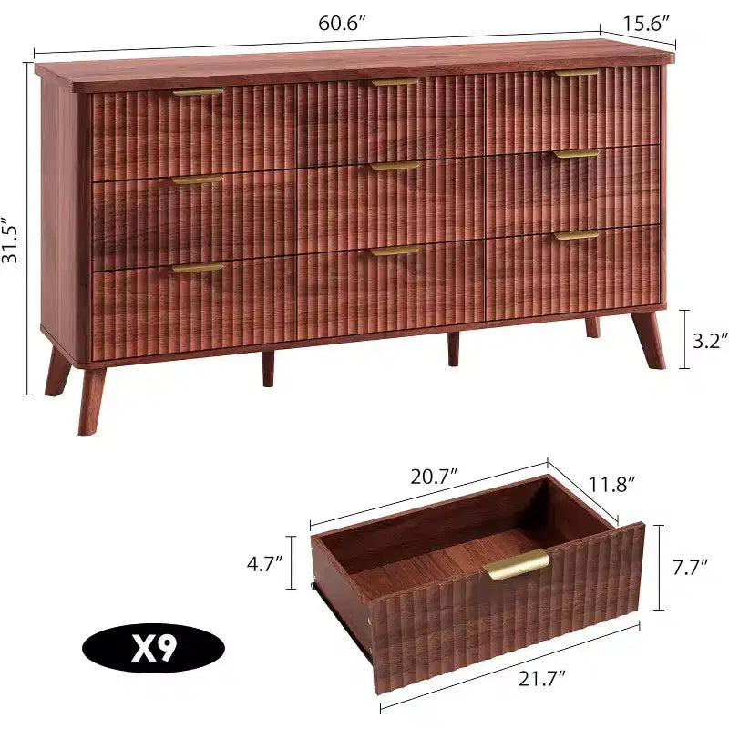 Fluted 9-Drawer Dresser, 60.6 Wide Wood Chest of Drawers with Deep Storage, for Bedroom, Living Room, or Hallway Use