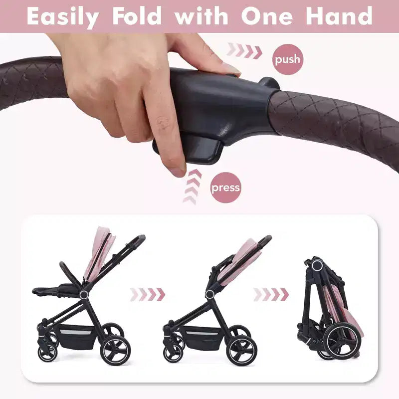 Baby Stroller, Foldable Stroller - High Landscape Pushchair for Newborn & Toddler, Convertible Pram with Reversible Backrest