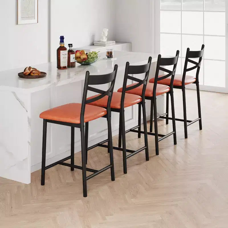 Bar Stools Set of 4, PU Upholstered Bar Chairs, Kitchen Island Chairs with X-Shaped Backrest and Metal Footrest, Black Counter Height Chairs
