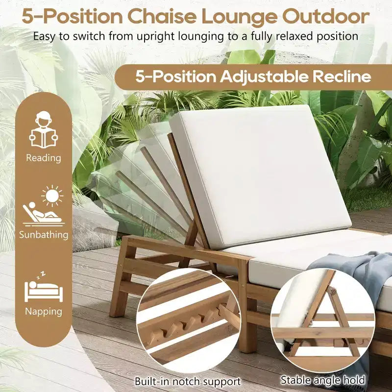 Merax 5-Position Acacia Outdoor Chaise Lounge with Thick Cushions