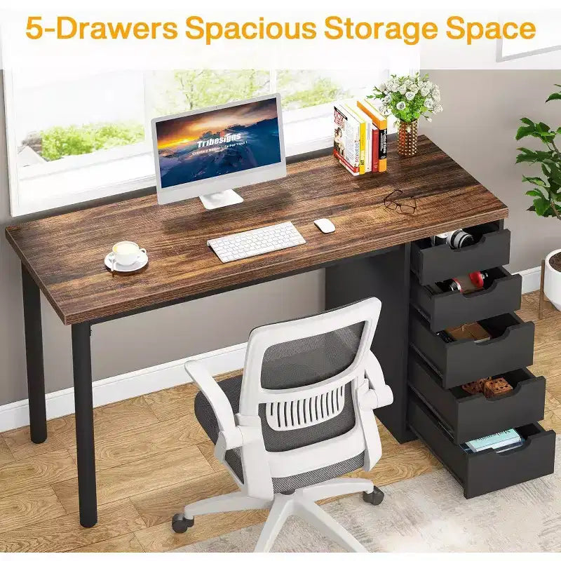Lantine Computer Desk with 5 Drawers, 47 inches Modern Simple Home Office Desk Study Writing Table for Small Spaces