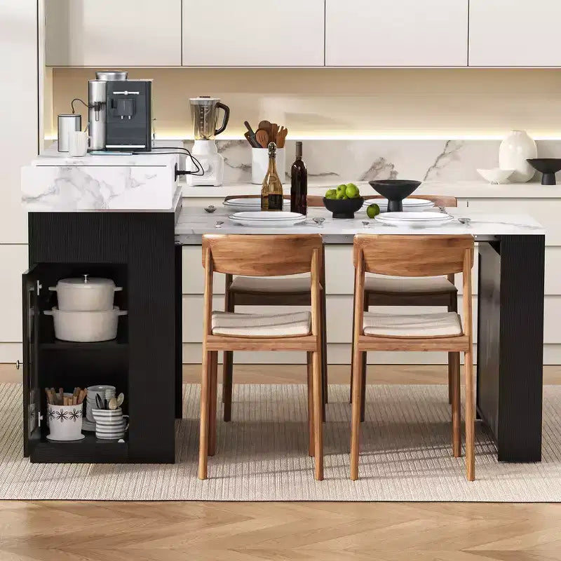 Whisen Extendable Dining Table, Mobile Rolling Island Table with 3 Removable Middle Leaves, Storage Cabinet