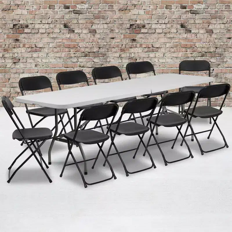 Emma and Oliver 8 Bi-Fold White Plastic Event/Training Folding Table Set w/ 10 Folding Chairs