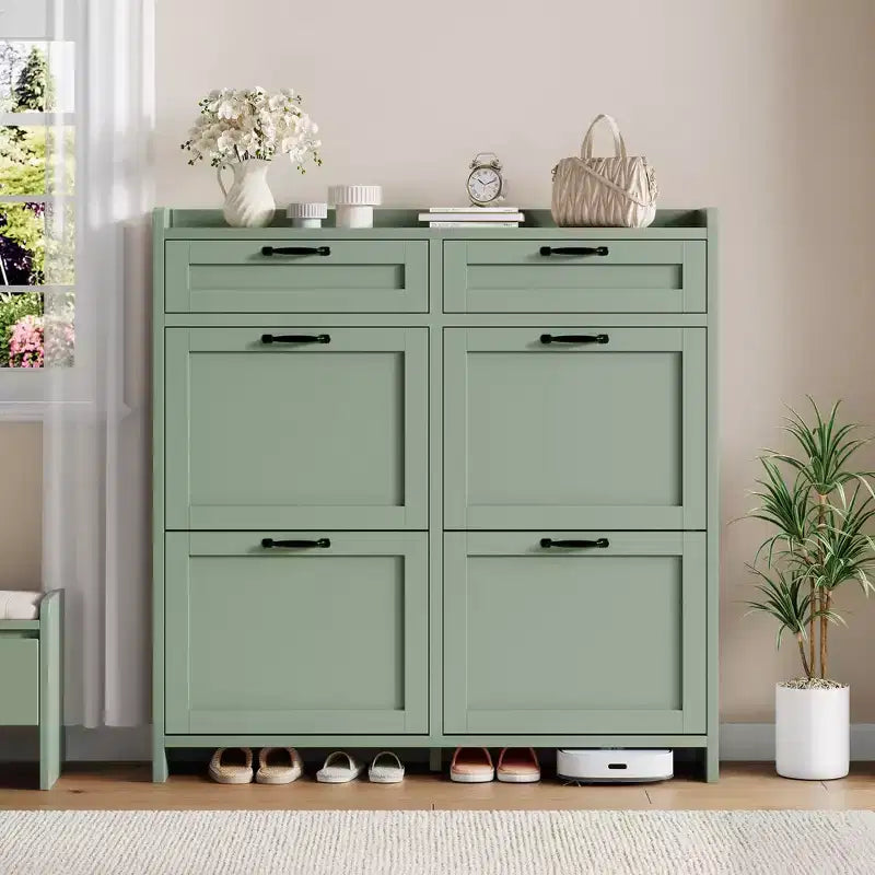 Shoe Cabinet with 4 Flip Drawers & 2 Top Drawers, Wooden Shoe Organizer Cabinet with Adjustable Shelf, Freestanding Shoe Storage Cabinets