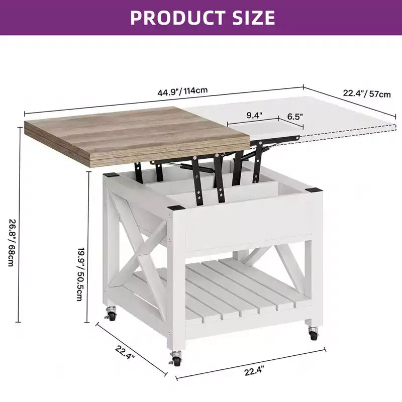 3-In-1 Lift Top Square Coffee Table With Wheels Stools Multi-Function 2 Tier Dining Table With Hidden and Open Storage Living Room Dining Room