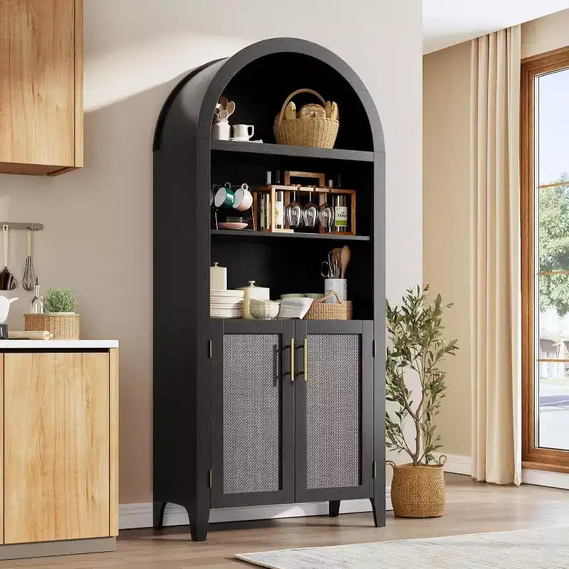 Acekool Arched Pantry Cabinet with Rattan Doors, 5-Tier Farmhouse Storage Cabinet for Kitchen Dining Living Room