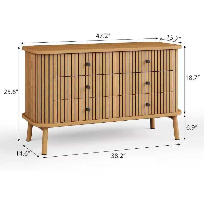 Dresser, 6 Drawer Horizontal Chest with Black Handles & Wooden Legs, Natural Wood Look