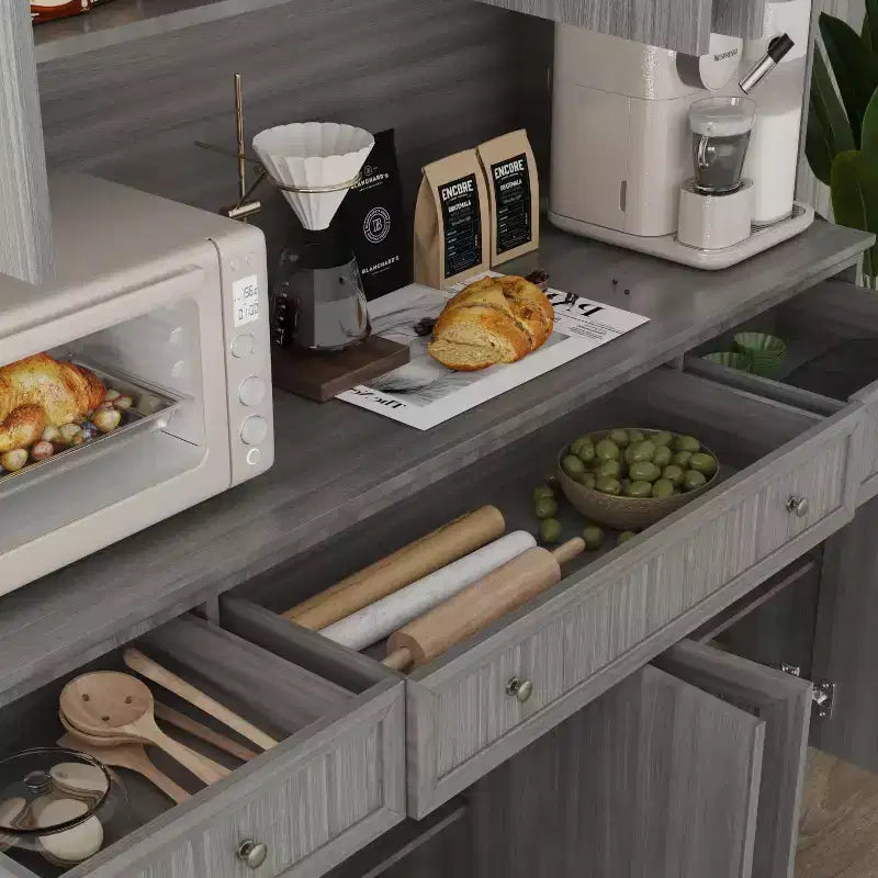 Famapy 61.2W Gray Storage Cabinet Buffet Hutch Kitchen Pantry Cabinet with Ornate Base Trim: Blend of Elegance and Utility
