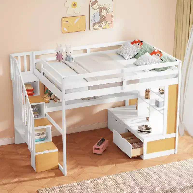 Full Size Loft Bed with Stairs and Desk, Wood Loft Beds Frame with Storage Drawers and Bookcase Shelves for Adults Teens Kids
