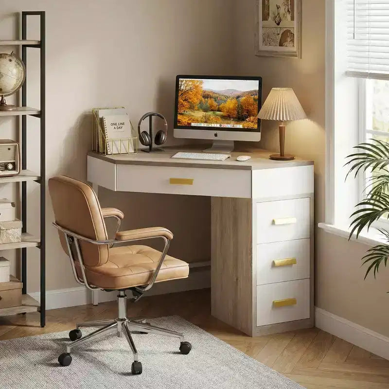 MAYEERTY 90 Triangle Corner Desk with 4 Drawers, Vanity Makeup Computer Desk