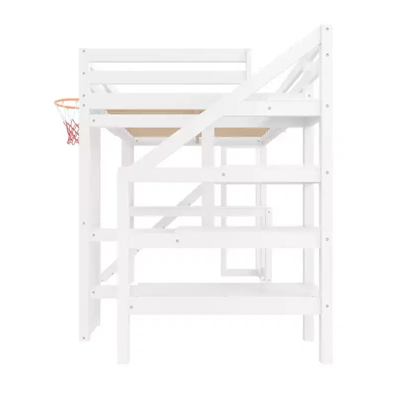 Luxystar Full Wooden Loft bed with Desk, Slide, Basketball hoop and Storage Staircase for Kids and Teens