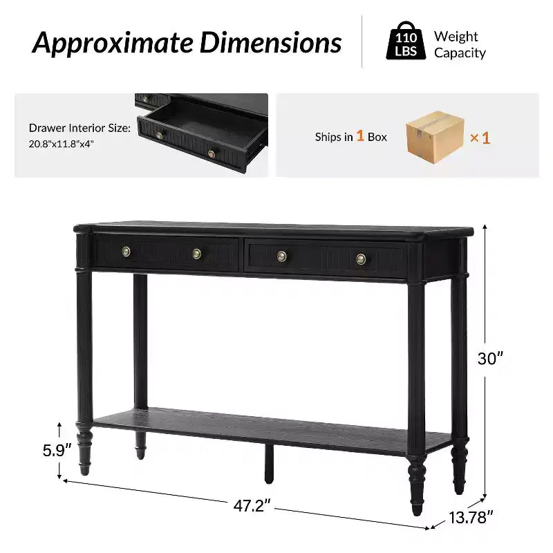 47.2 Walnut Console Table with 2 Fluted Drawers & Lower Shelf