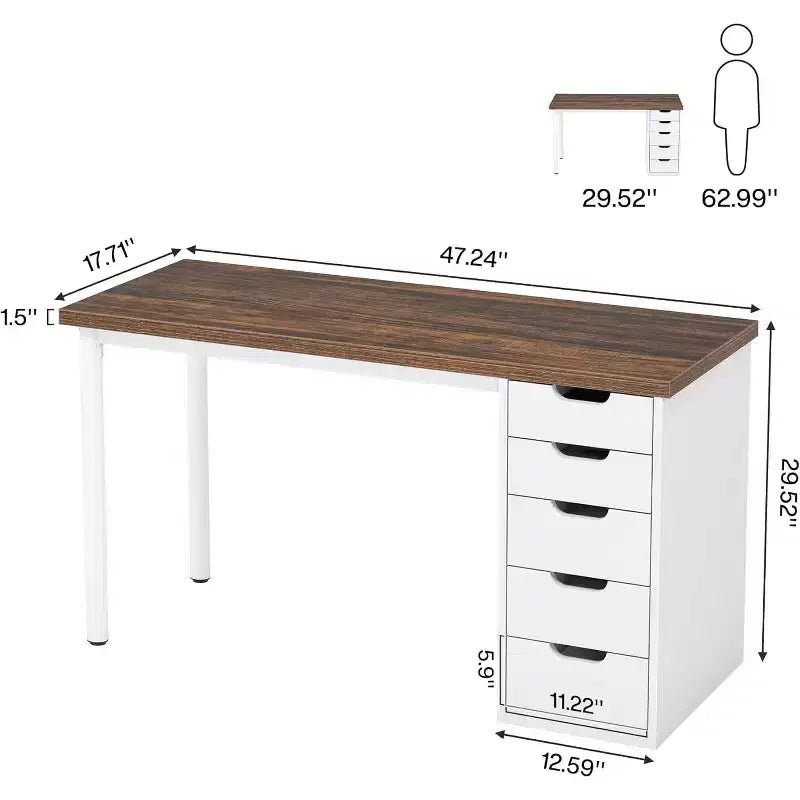 Lantine Computer Desk with 5 Drawers, 47 inches Modern Simple Home Office Desk Study Writing Table for Small Spaces
