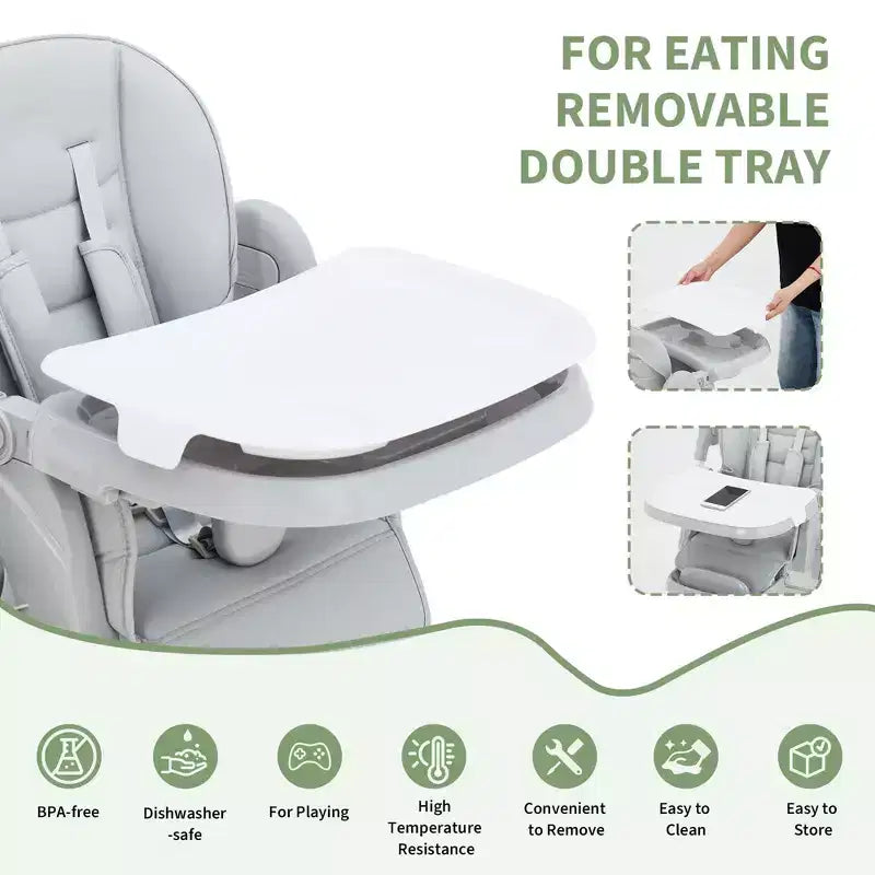 Foldable High Chair for Babies&Toddlers,PU Leather Highchair with Adjustable Backrest,Seat Height,Removable Tray,5-Point Safety Harness&Locking Wheels