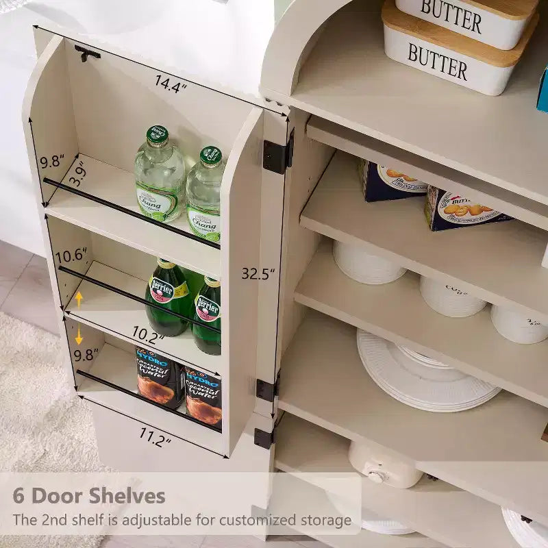 71 Tall Arched Kitchen Pantry, Modern Storage Cabinet with 3 Adjustable Shelves, 6 Door Shelves, for Kitchen, Living Room