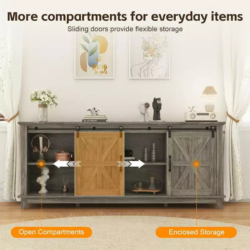 66 inch Farmhouse TV Stand for 75 Inch TVs, Media Console with Sliding Barn Door, Power Outlets & Adjustable Storage Cabinets