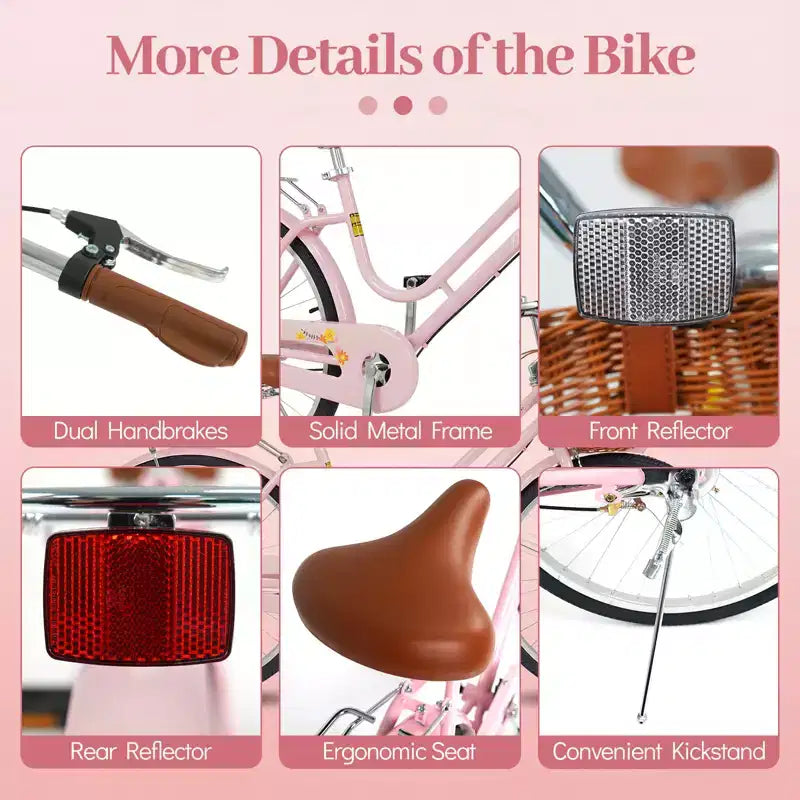 Gymax 24-Inch Beach Cruiser Bike w/Adjustable Seat Woven Basket & Rear Rack for City