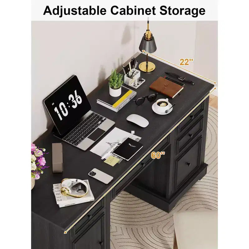 Dyonery 60 Farmhouse Executive Office Desk with Drawers and File Cabinet, Embossed Texture Wood Home Office Desk,Black/Brown/White and brown